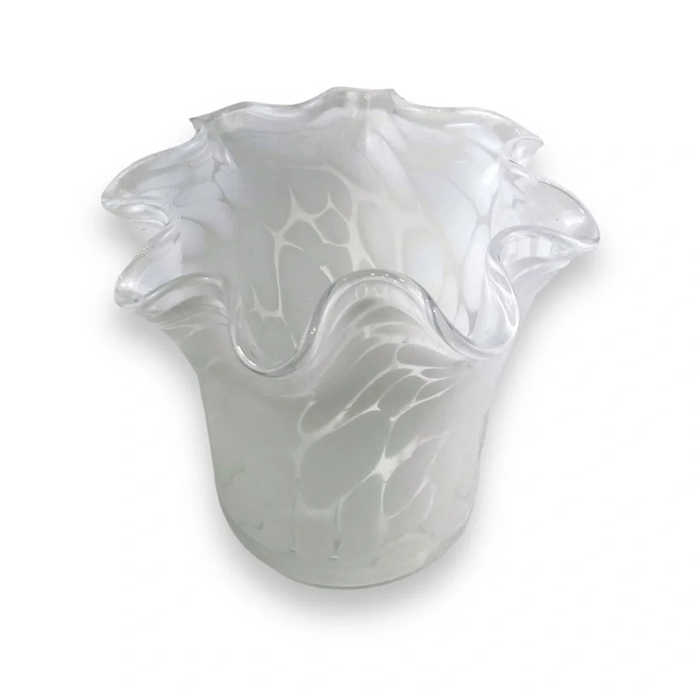 Handmade Zorza ART GLASS Handerkchief Ruffled White Clear VASE Made in Poland